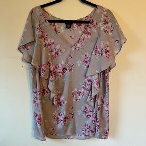 Torrid Gray Floral Ruffle Georgette Blouse